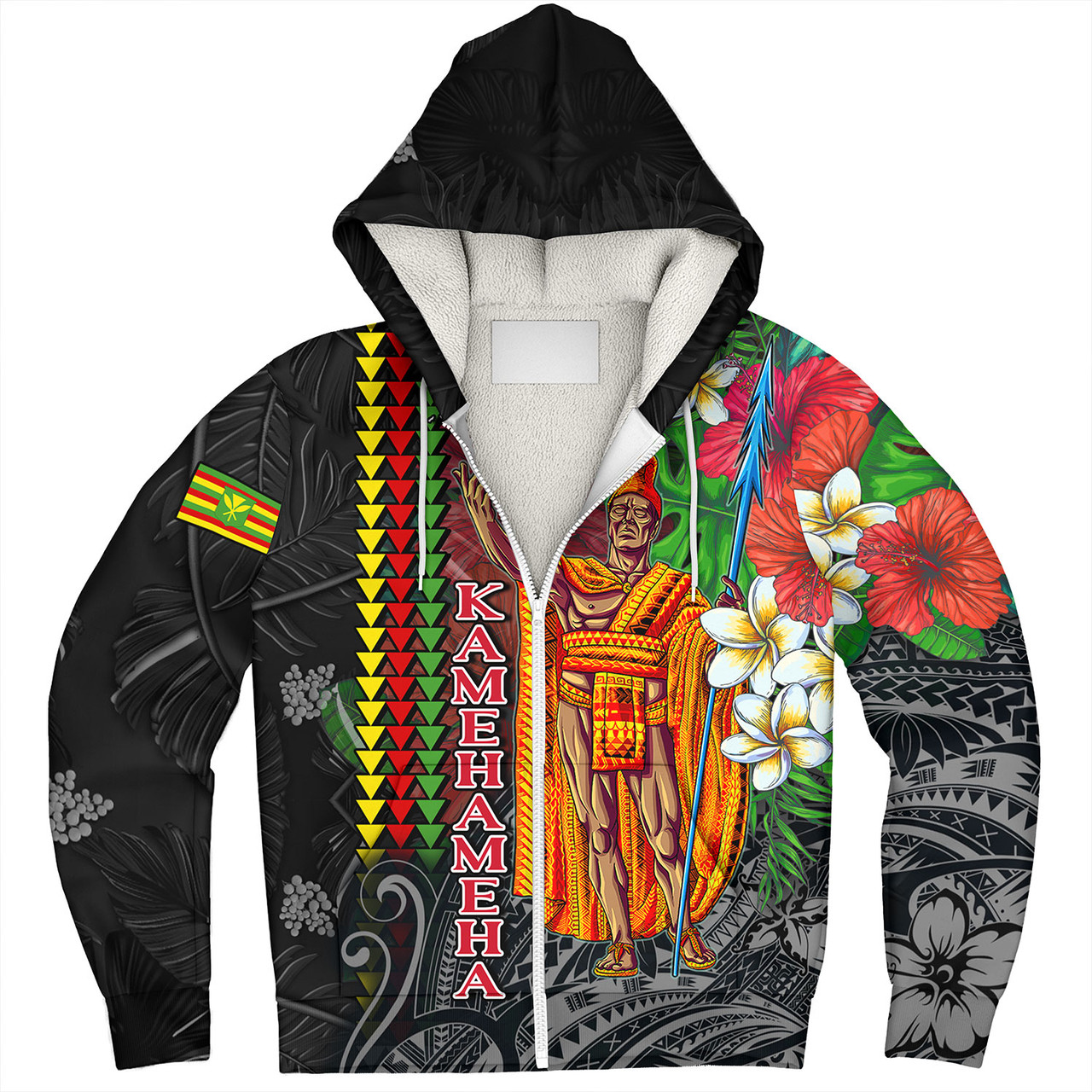 Hawaii Custom Perosnalised Sherpa Hoodie King Kamehameha Hibiscus And Plumeria With Palm Branches Vintage Style