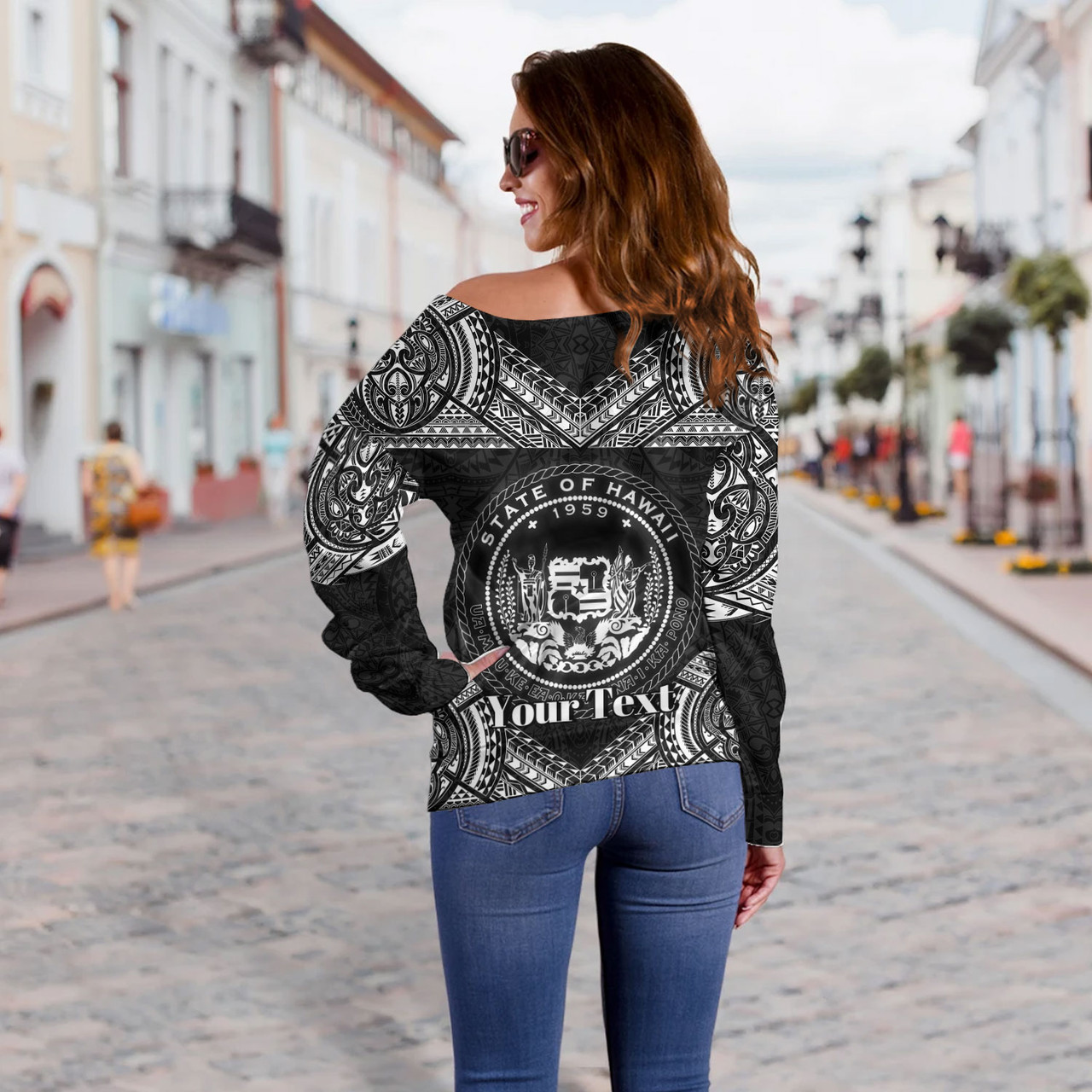 Hawaii Custom Personalised Off Shoulder Sweatshirt Turtle Polynesian Pattern