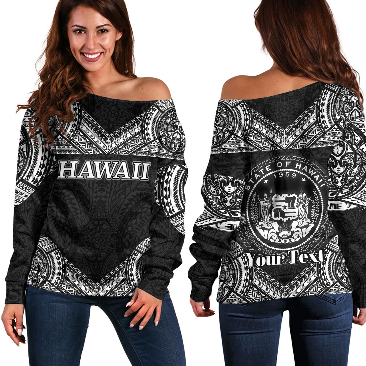 Hawaii Custom Personalised Off Shoulder Sweatshirt Turtle Polynesian Pattern