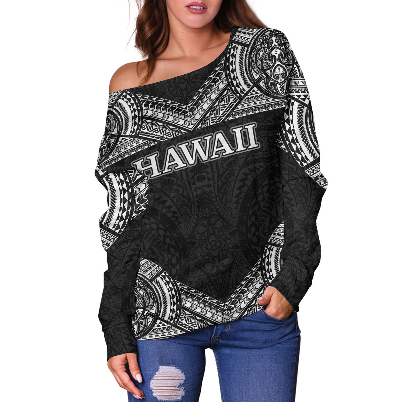 Hawaii Custom Personalised Off Shoulder Sweatshirt Turtle Polynesian Pattern
