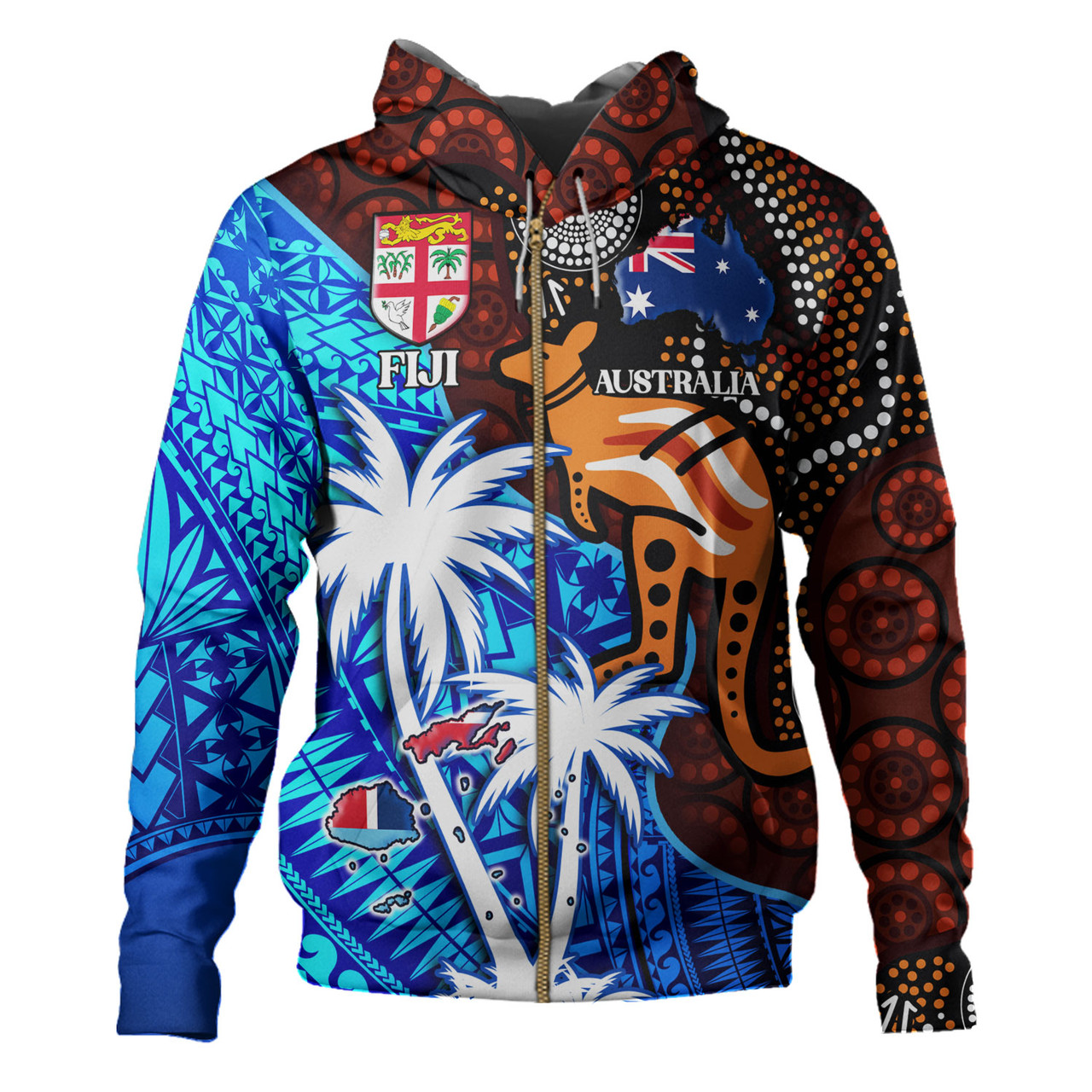 Fiji And Australia Hoodie Fijian Flag Tapa Patterns With Aboriginal Kangaroo