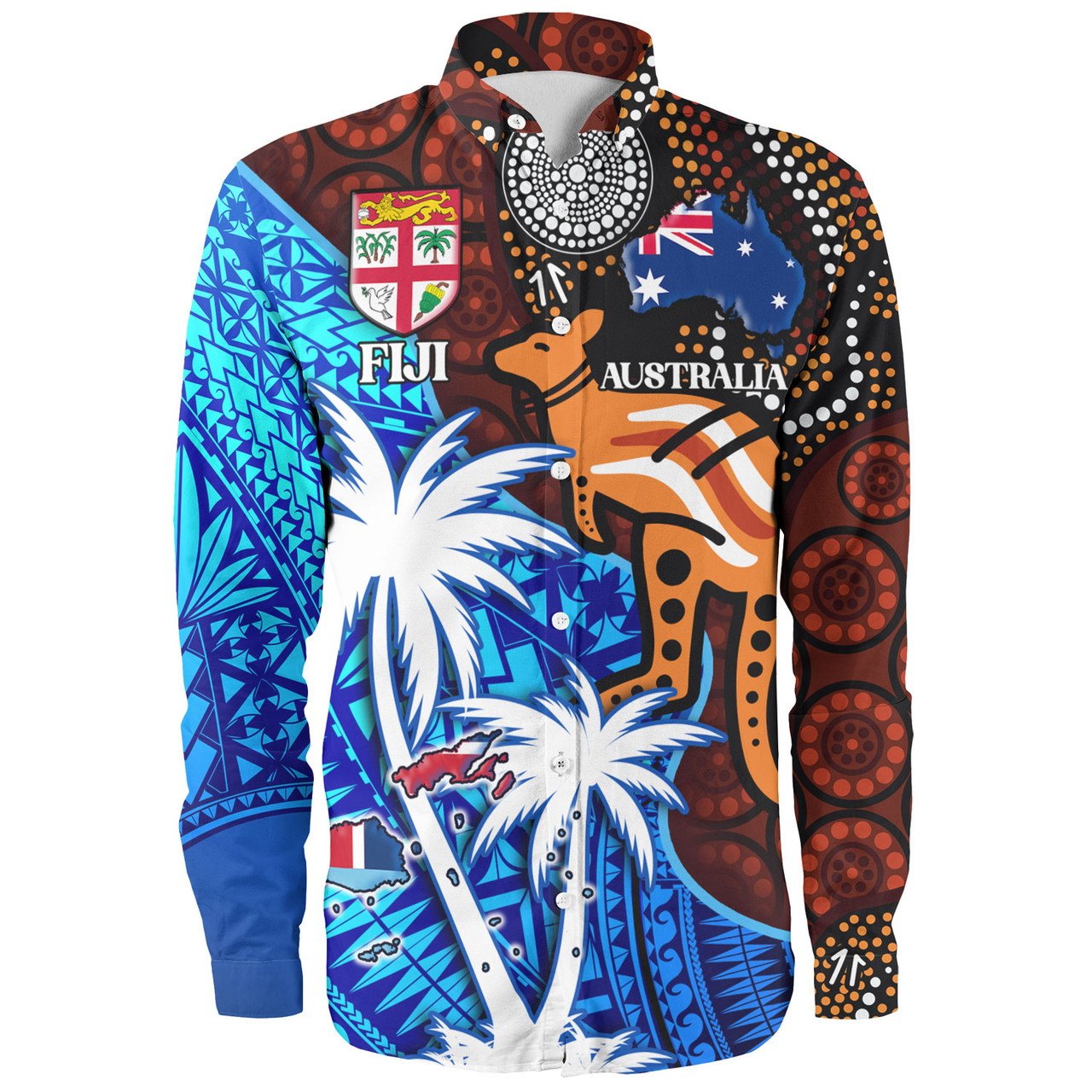 Fiji And Australia Long Sleeve Shirt Fijian Flag Tapa Patterns With Aboriginal Kangaroo