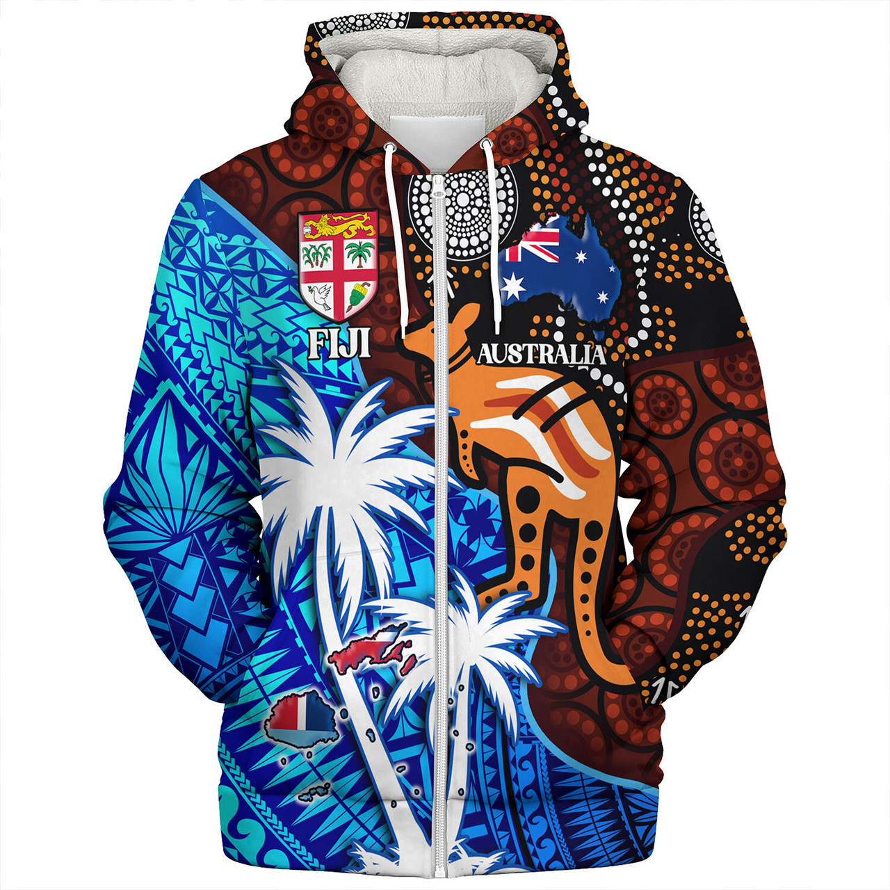 Fiji And Australia Sherpa Hoodie Fijian Flag Tapa Patterns With Aboriginal Kangaroo