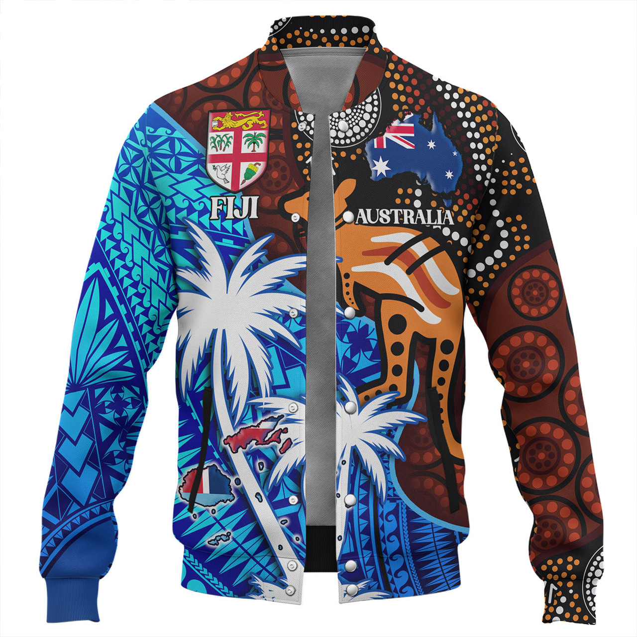 Fiji And Australia Baseball Jacket Fijian Flag Tapa Patterns With Aboriginal Kangaroo