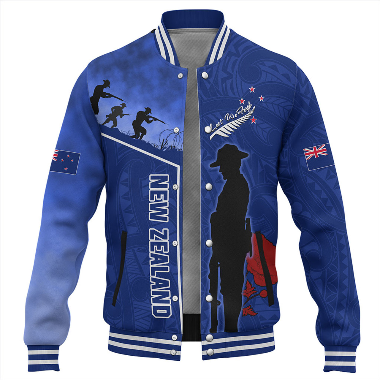 New Zealand Baseball Jacket Anzac Day Lest We Forget Poppy