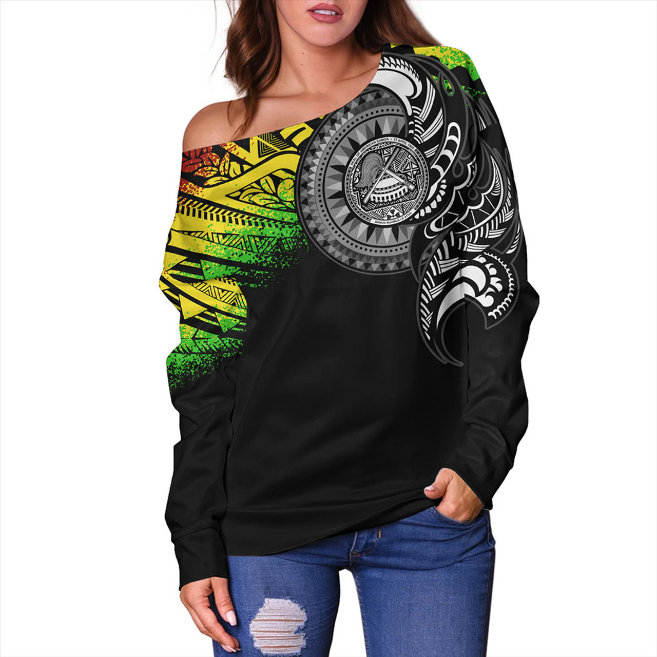 American Samoa Off Shoulder Sweatshirt Polynesian Tribal Reggae Style