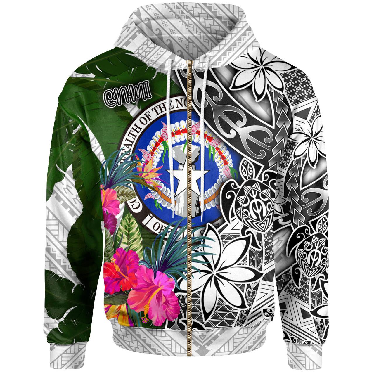 Northern Mariana Islands Hoodie White - Turtle Plumeria Banana Leaf