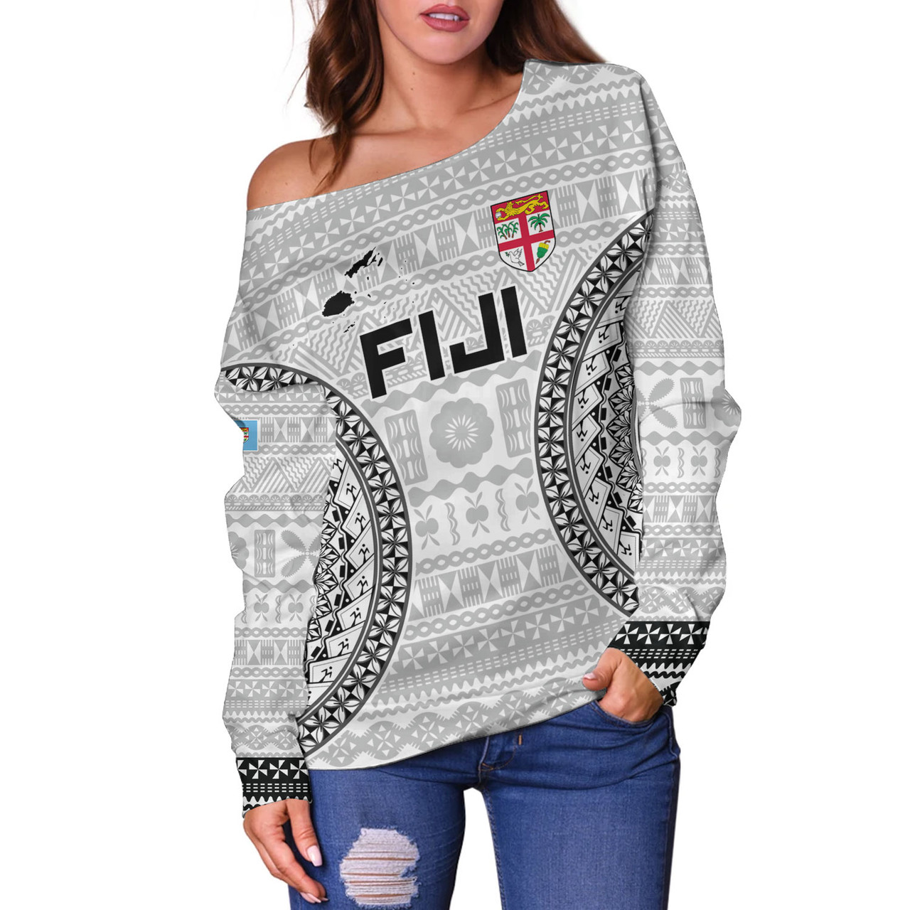 Fiji Custom Personalised Off Shoulder Sweatshirt Seal With Map Fijian Tapa Patterns