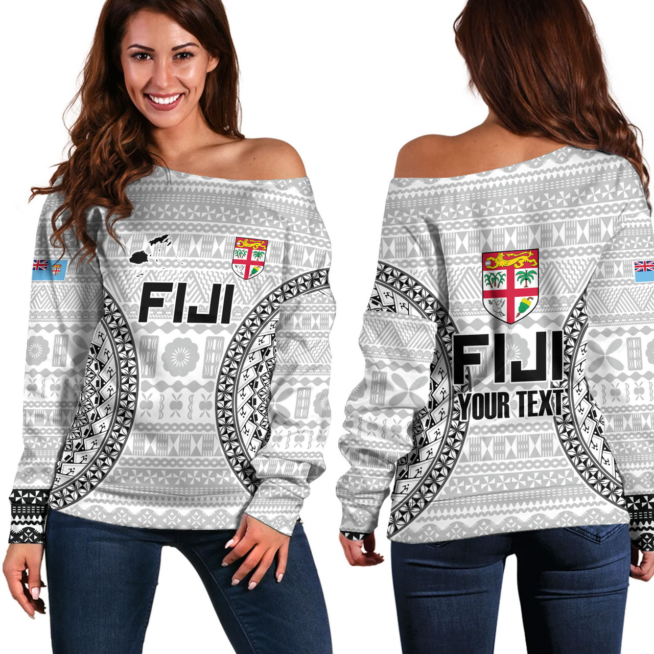 Fiji Custom Personalised Off Shoulder Sweatshirt Seal With Map Fijian Tapa Patterns