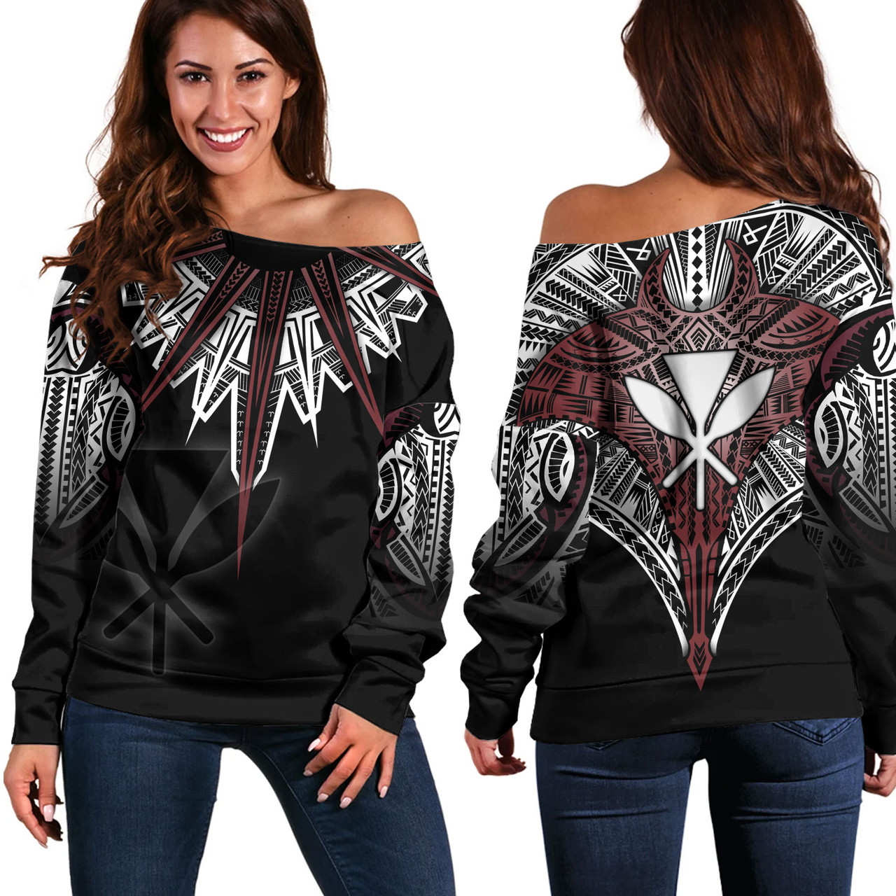 Hawaii Custom Personalised Off Shoulder Sweatshirt Tribal Patterns Manta Ray Tatau Style