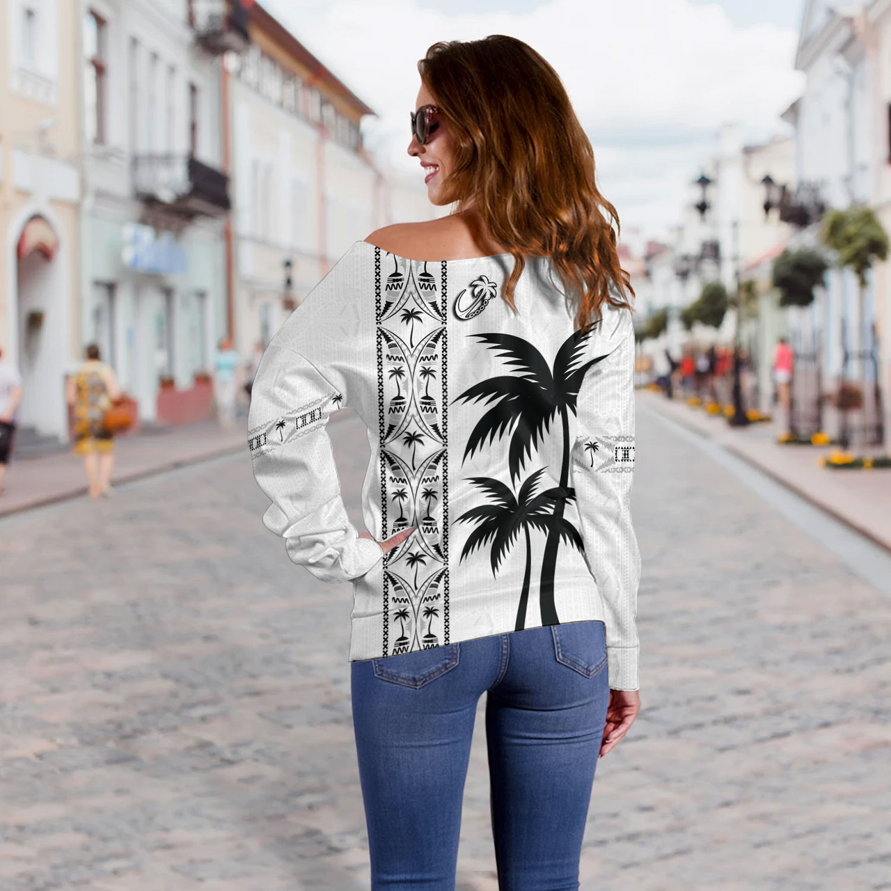 Fiji Off Shoulder Sweatshirt Fiji Rugby Tapa Palms Tree Designs