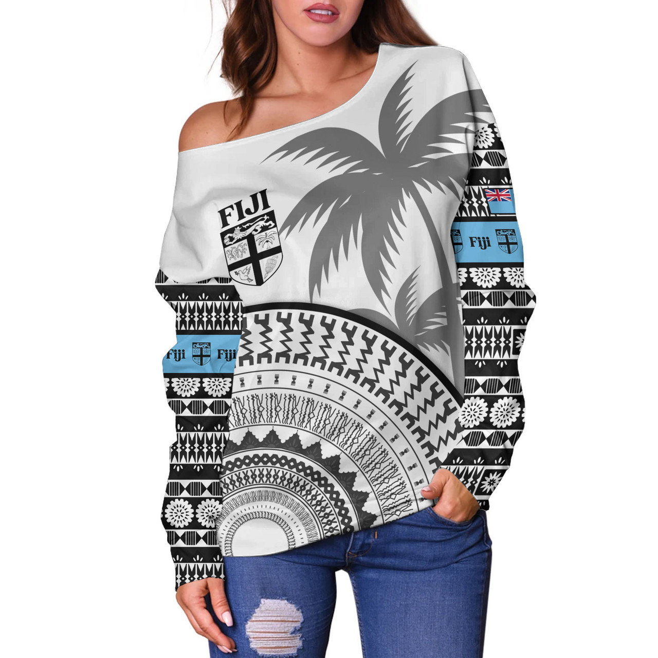 Fiji Custom Personalised Off Shoulder Sweatshirt Fijian Masi Palm Curve Style