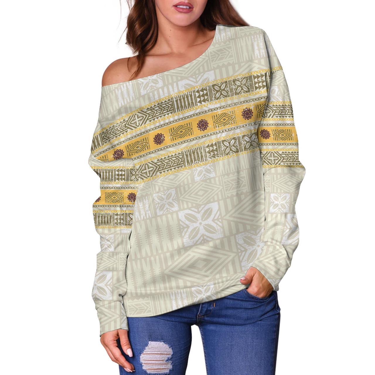 Fiji Off Shoulder Sweatshirt Fijian Masi Tapa Design