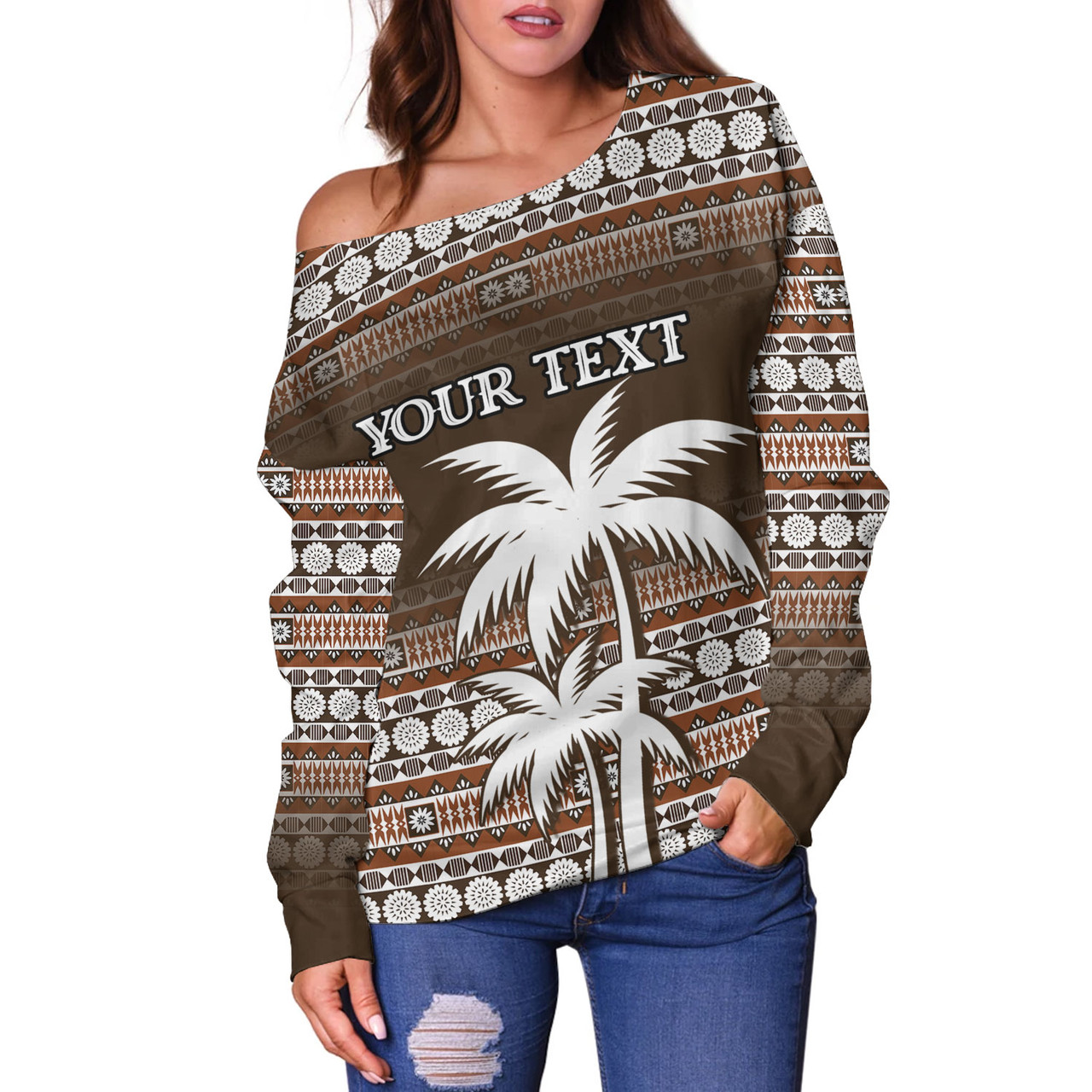 Fiji Off Shoulder Sweatshirt Custom Bula Fiji Masi Brown Patterns