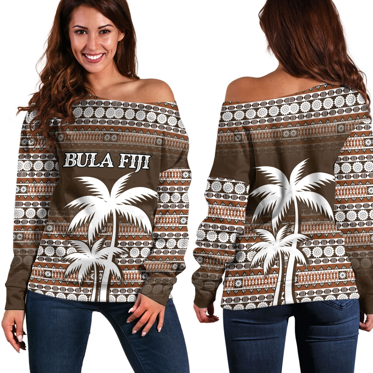 Fiji Off Shoulder Sweatshirt Custom Bula Fiji Masi Brown Patterns