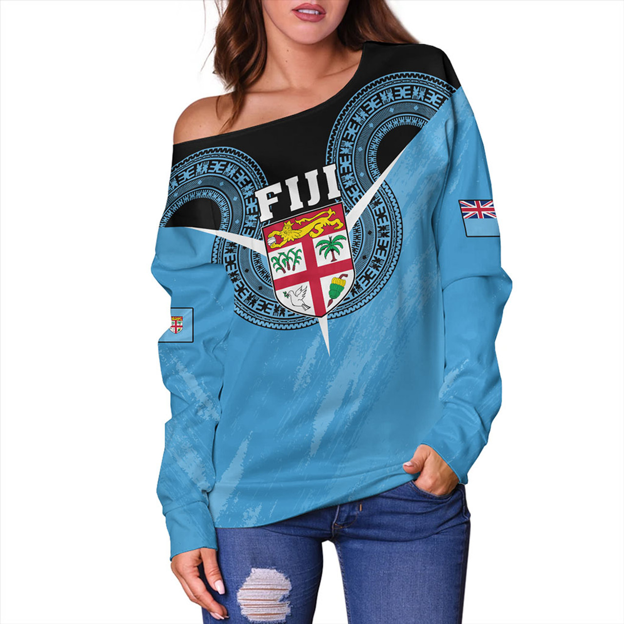 Fiji Off Shoulder Sweatshirt Melanesia Masi Pattern Grunge Style