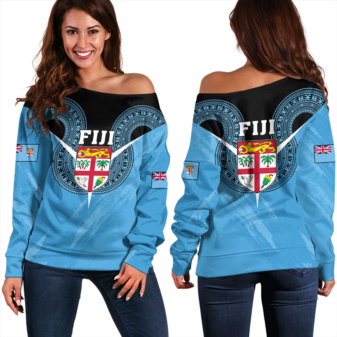 Fiji Off Shoulder Sweatshirt Melanesia Masi Pattern Grunge Style