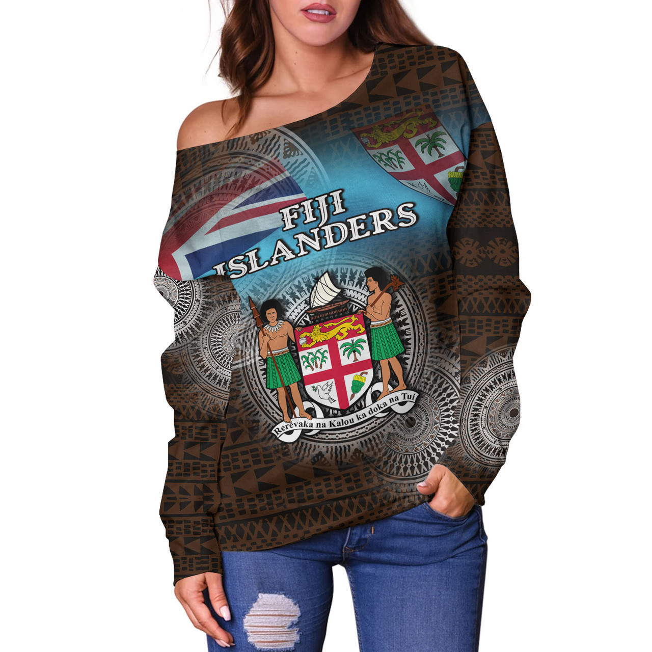 Fiji Off Shoulder Sweatshirt Custom Fiji Islanders Tapa Masi Design