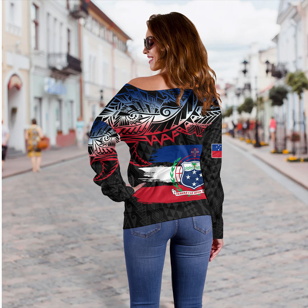 Samoa Off Shoulder Sweatshirt Tribal Polynesian Grunge Flag