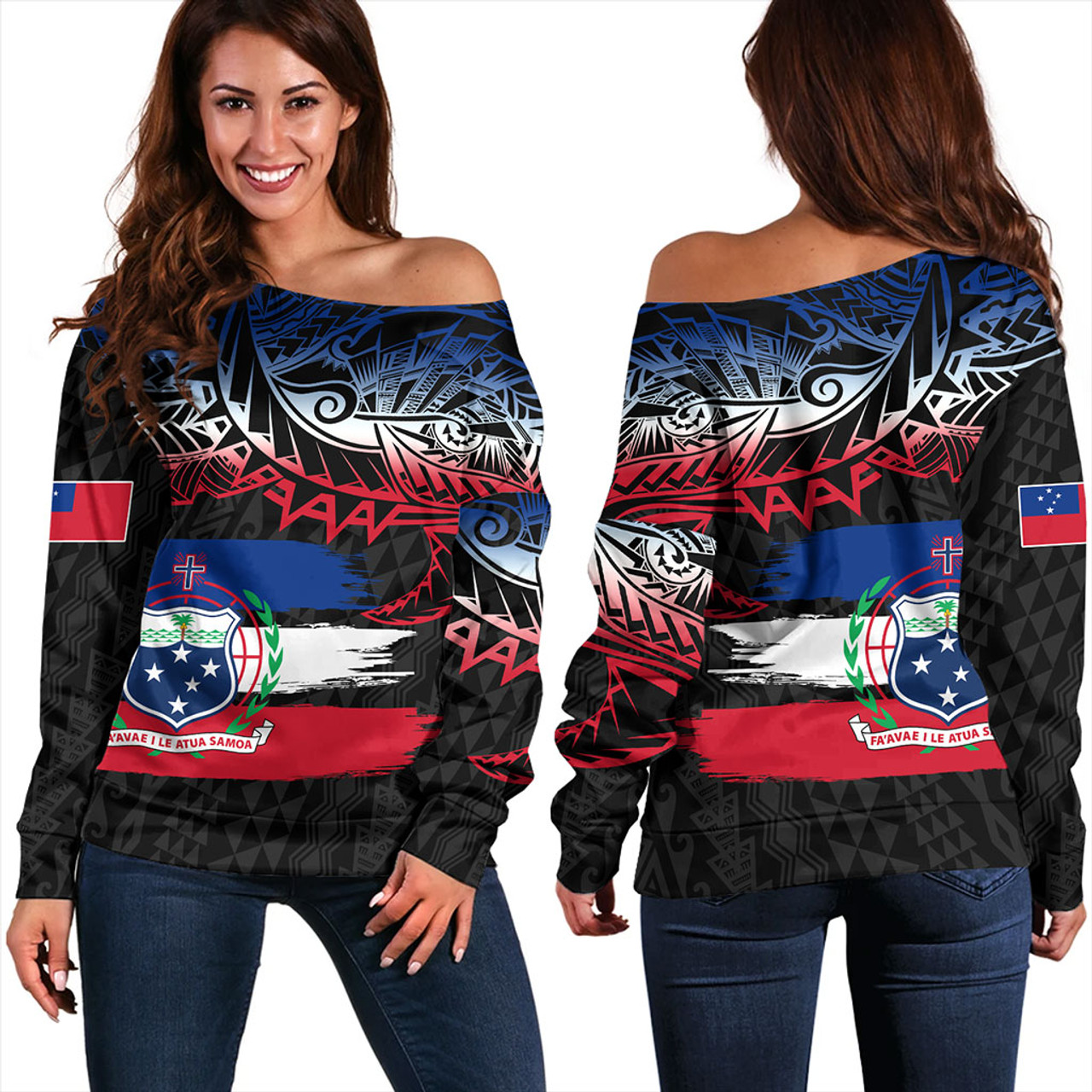 Samoa Off Shoulder Sweatshirt Tribal Polynesian Grunge Flag