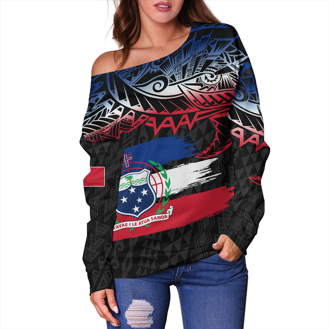 Samoa Off Shoulder Sweatshirt Tribal Polynesian Grunge Flag