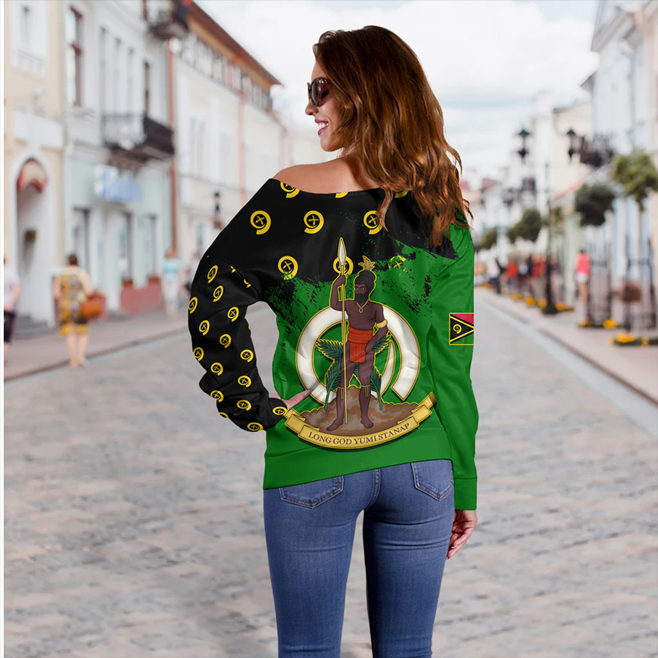 Vanuatu Off Shoulder Sweatshirt Melanesian Flag Grunge Symbols Pattern