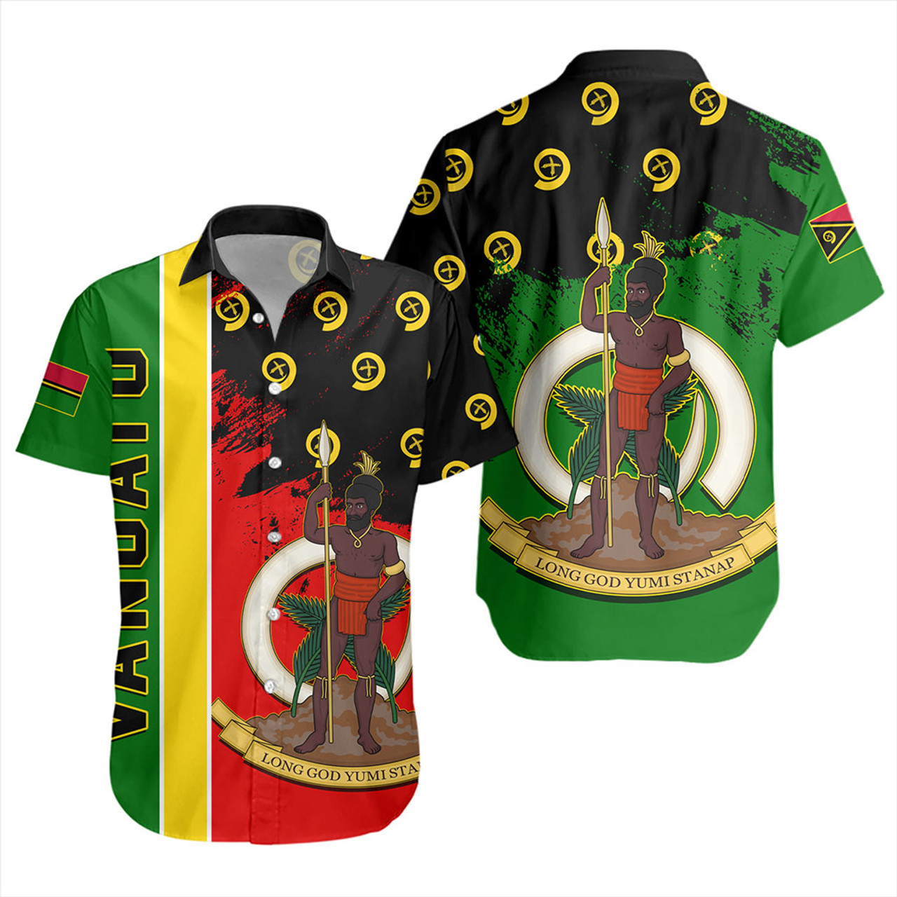 Vanuatu Short Sleeve Shirt Melanesian Flag Grunge Symbols Pattern
