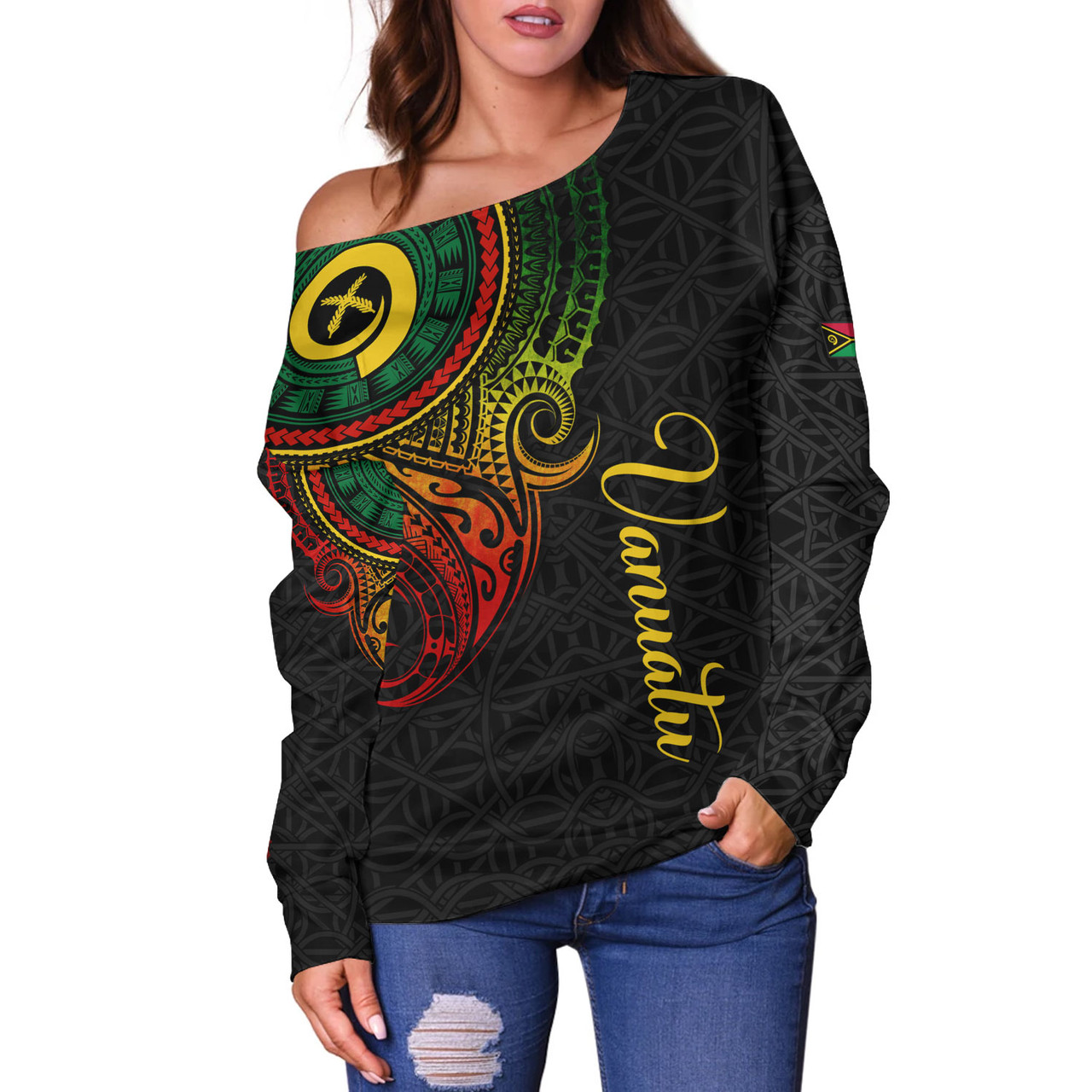 Vanuatu Off Shoulder Sweatshirt Custom Vanuatu Seal Mutis En Atan Patterns Reggae Color