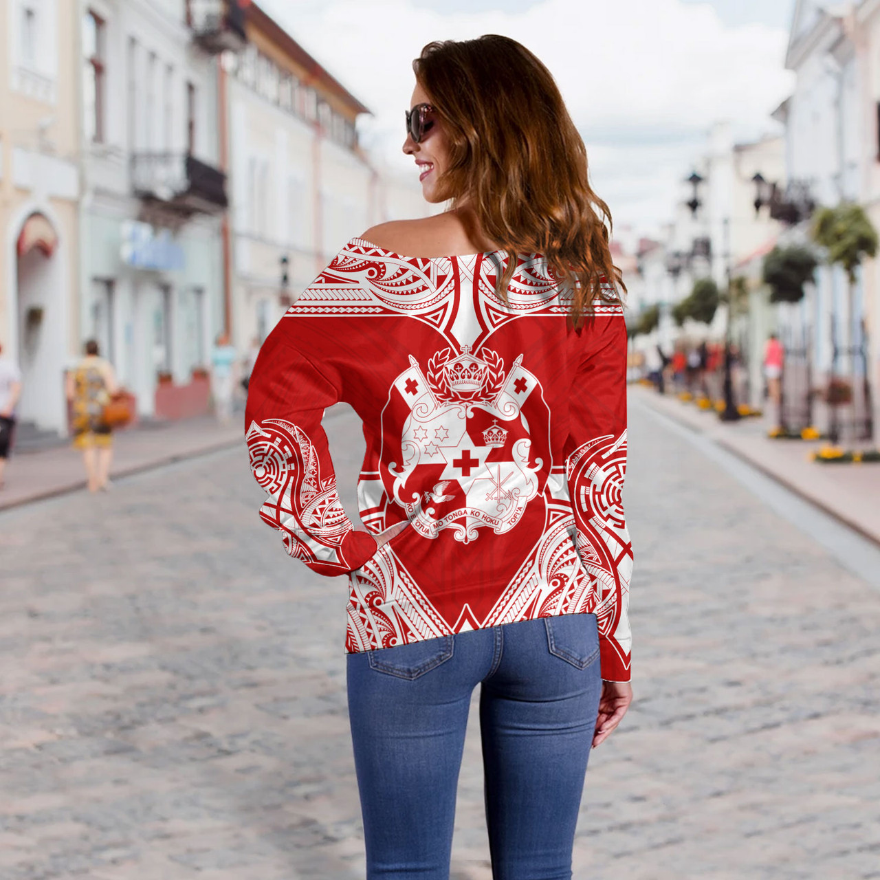 Tonga Off Shoulder Sweatshirt - Custom Coat Of Arms With Patterns Flag Color
