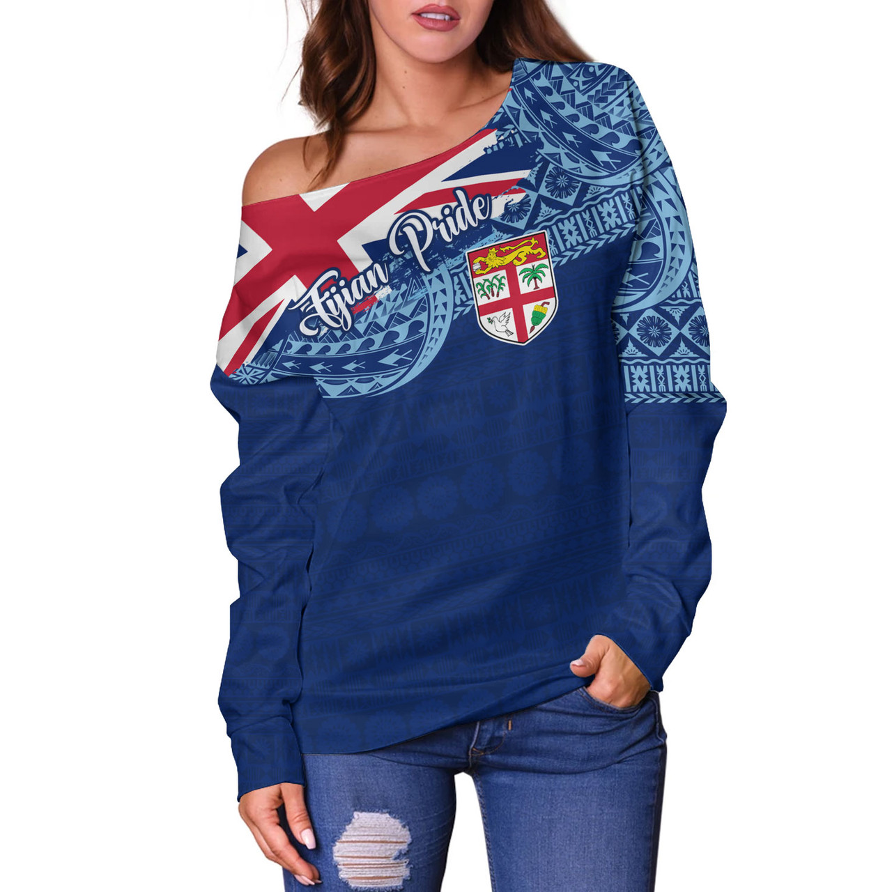 Fiji Off Shoulder Sweatshirt - Custom Fijian Pride Masi Patterns