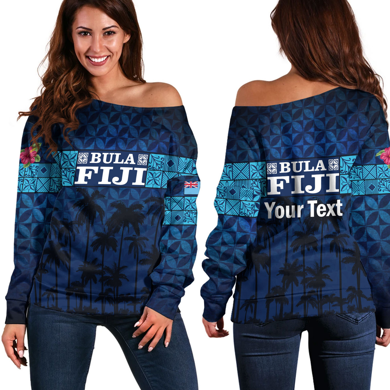 Fiji Off Shoulder Sweatshirt - Custom Bula Fiji Masi Palm Tree Design