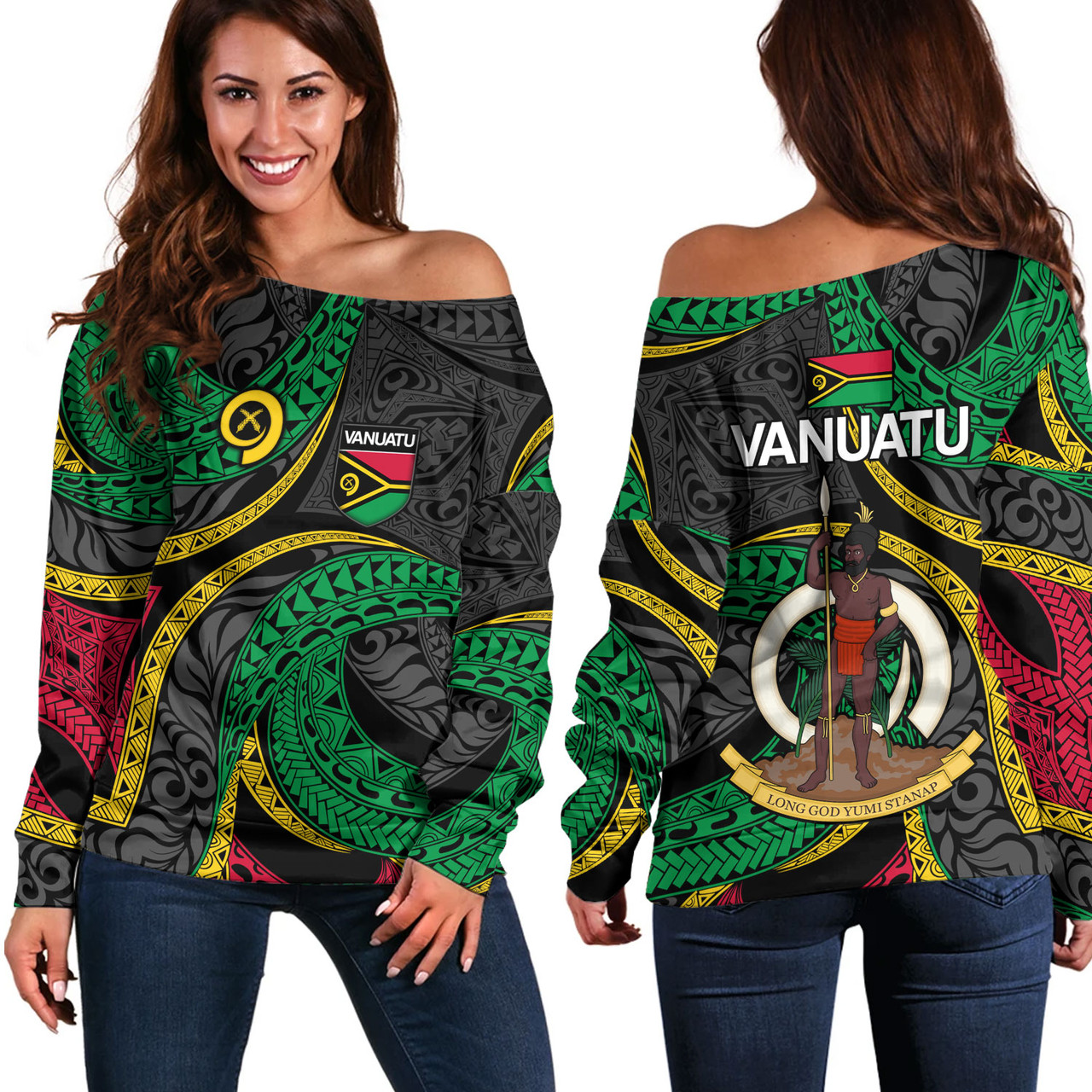 Vanuatu Off Shoulder Sweatshirt - Custom Proud Vanuatu Tribal Pattern Mix Flag