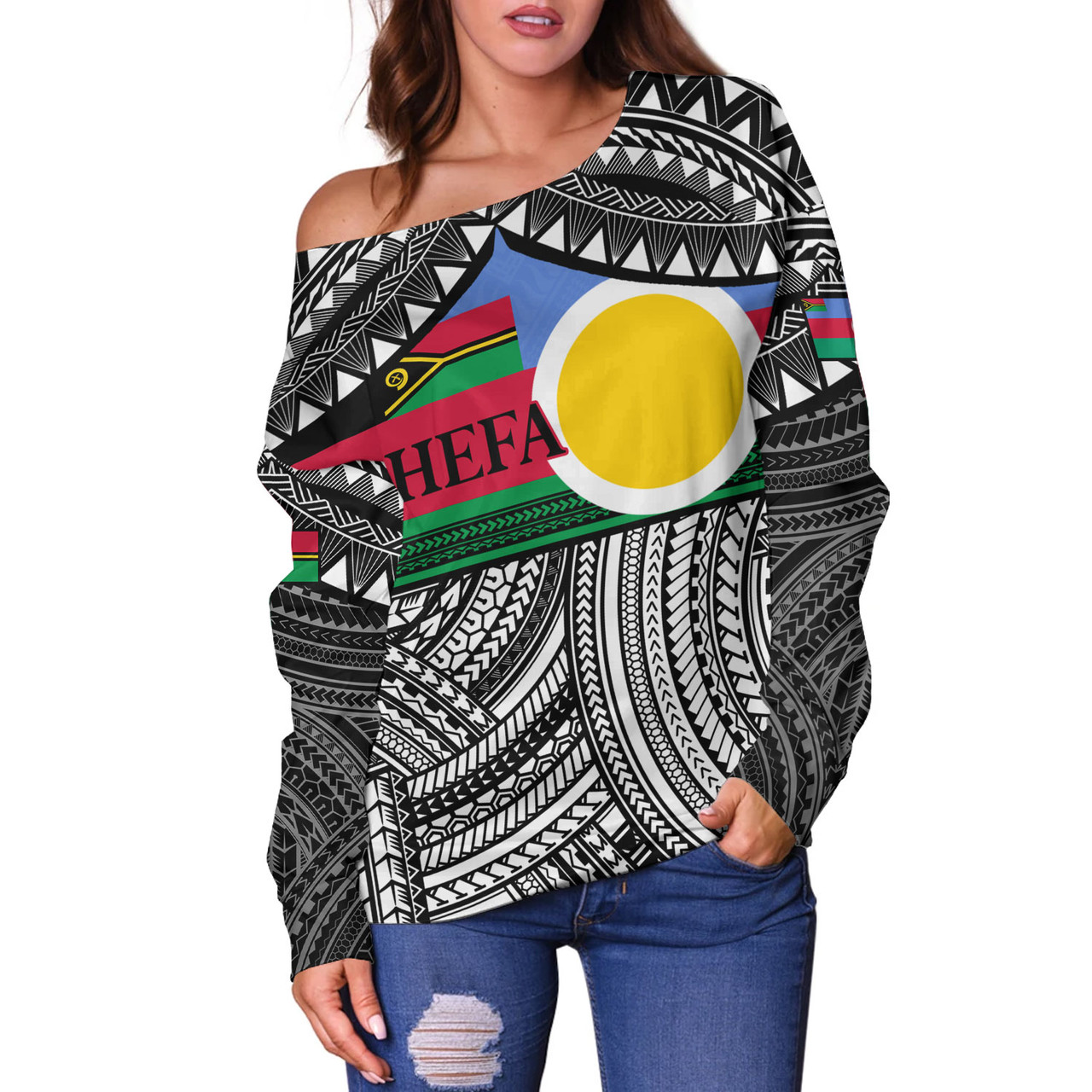 Vanuatu Off Shoulder Sweatshirt - Custom Shefa Tribal Pattern Mix Flag