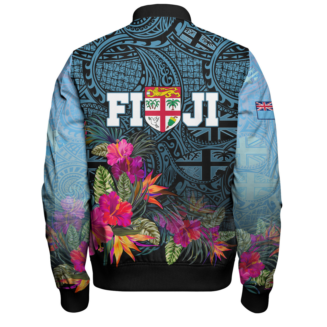Fiji Bomber Jacket - Fiji Seal With Tapa Patterns Tropical Flowers Design
