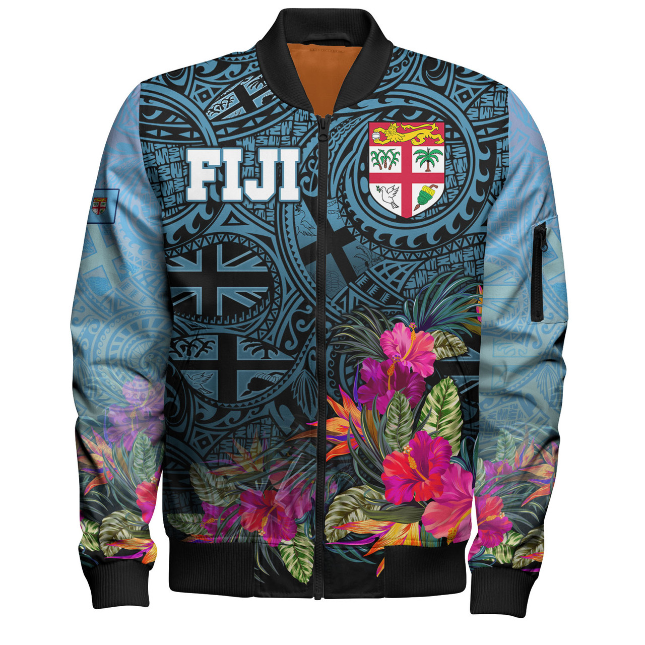 Fiji Bomber Jacket - Fiji Seal With Tapa Patterns Tropical Flowers Design