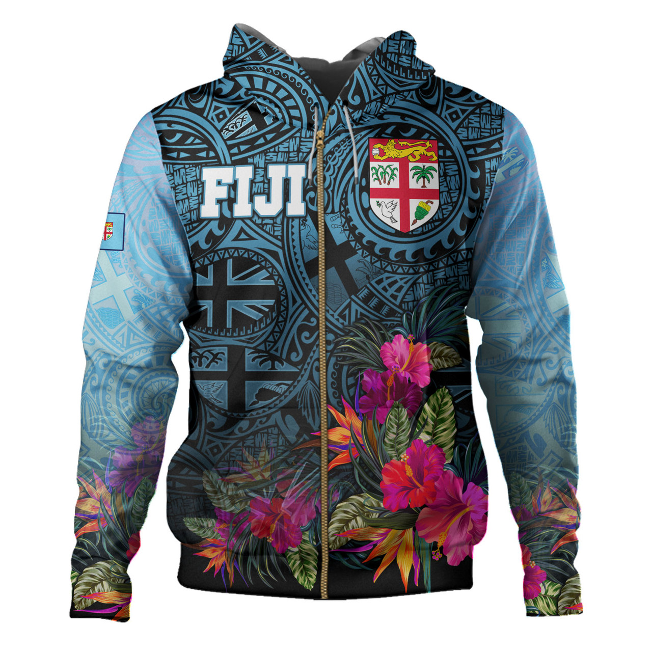 Fiji Hoodie - Fiji Seal With Tapa Patterns Tropical Flowers Design