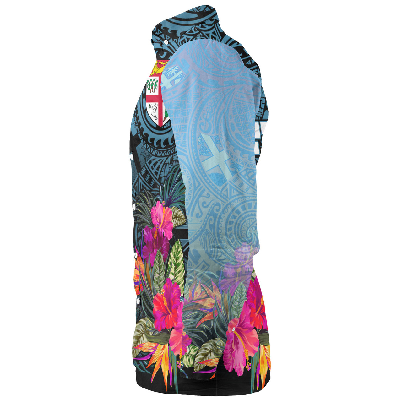 Fiji Long Sleeve Shirt - Fiji Seal With Tapa Patterns Tropical Flowers Design