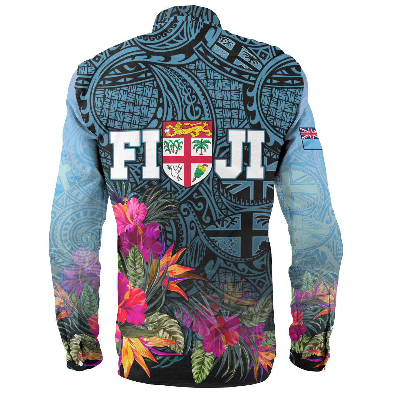 Fiji Long Sleeve Shirt - Fiji Seal With Tapa Patterns Tropical Flowers Design