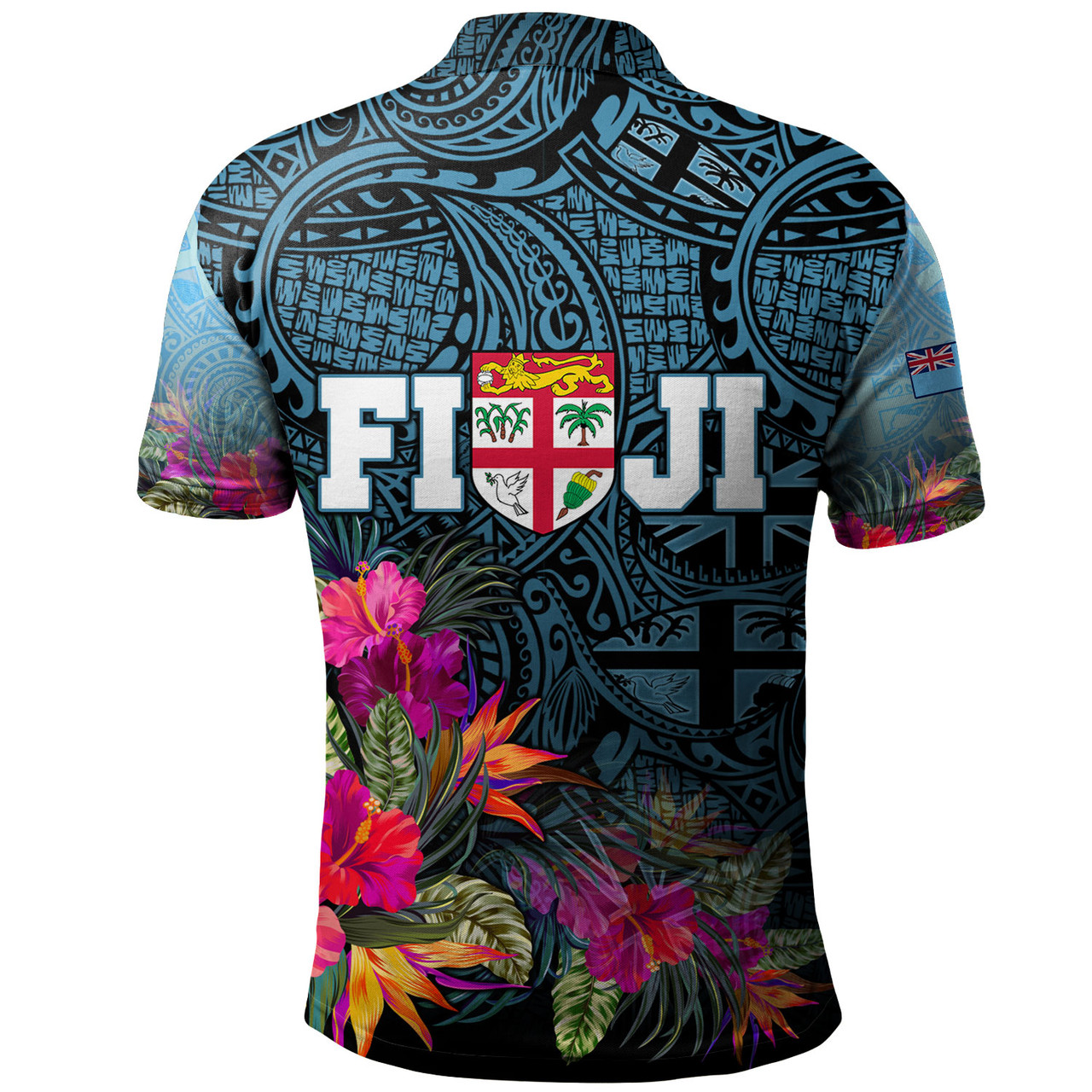 Fiji Polo Shirt - Fiji Seal With Tapa Patterns Tropical Flowers Design