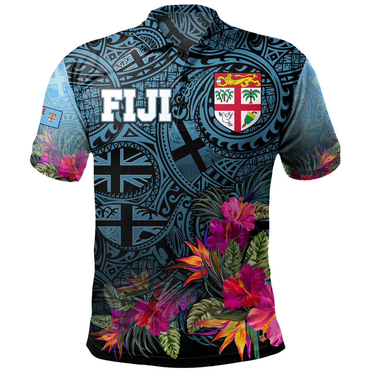 Fiji Polo Shirt - Fiji Seal With Tapa Patterns Tropical Flowers Design
