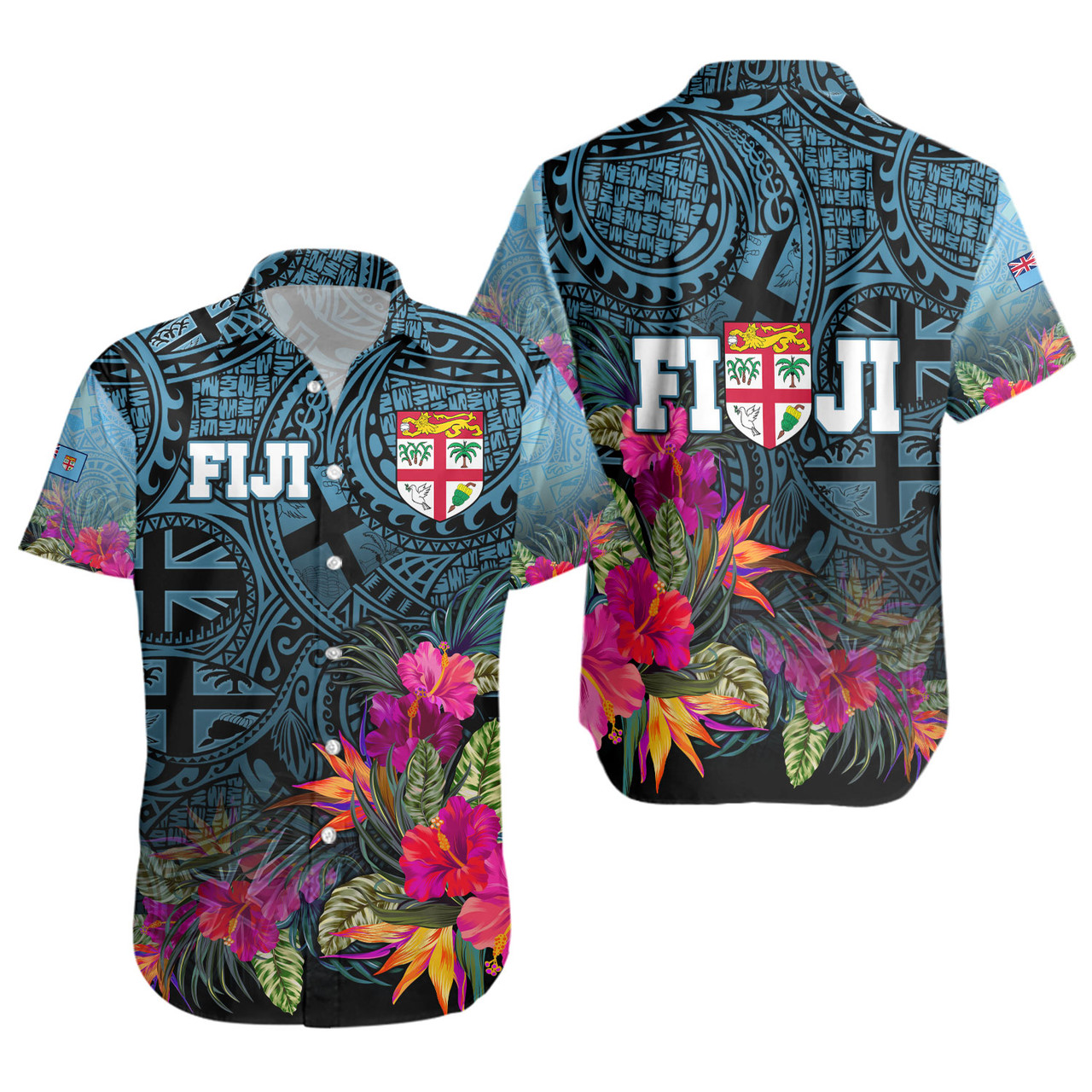 Fiji Short Sleeve Shirt - Fiji Seal With Tapa Patterns Tropical Flowers Design