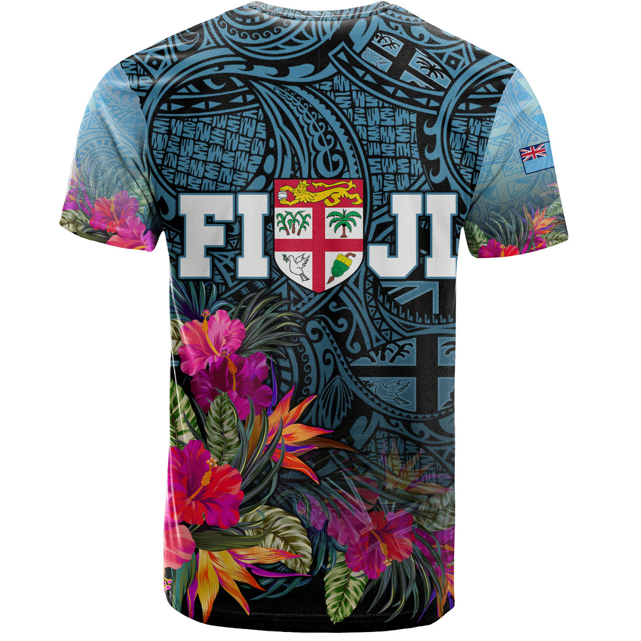 Fiji T-Shirt - Fiji Seal With Tapa Patterns Tropical Flowers Design