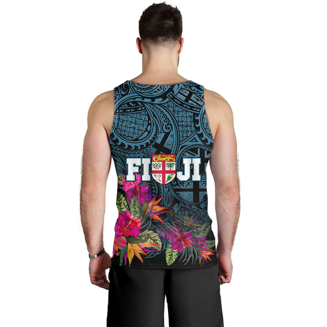 Fiji Tank Top - Fiji Seal With Tapa Patterns Tropical Flowers Design