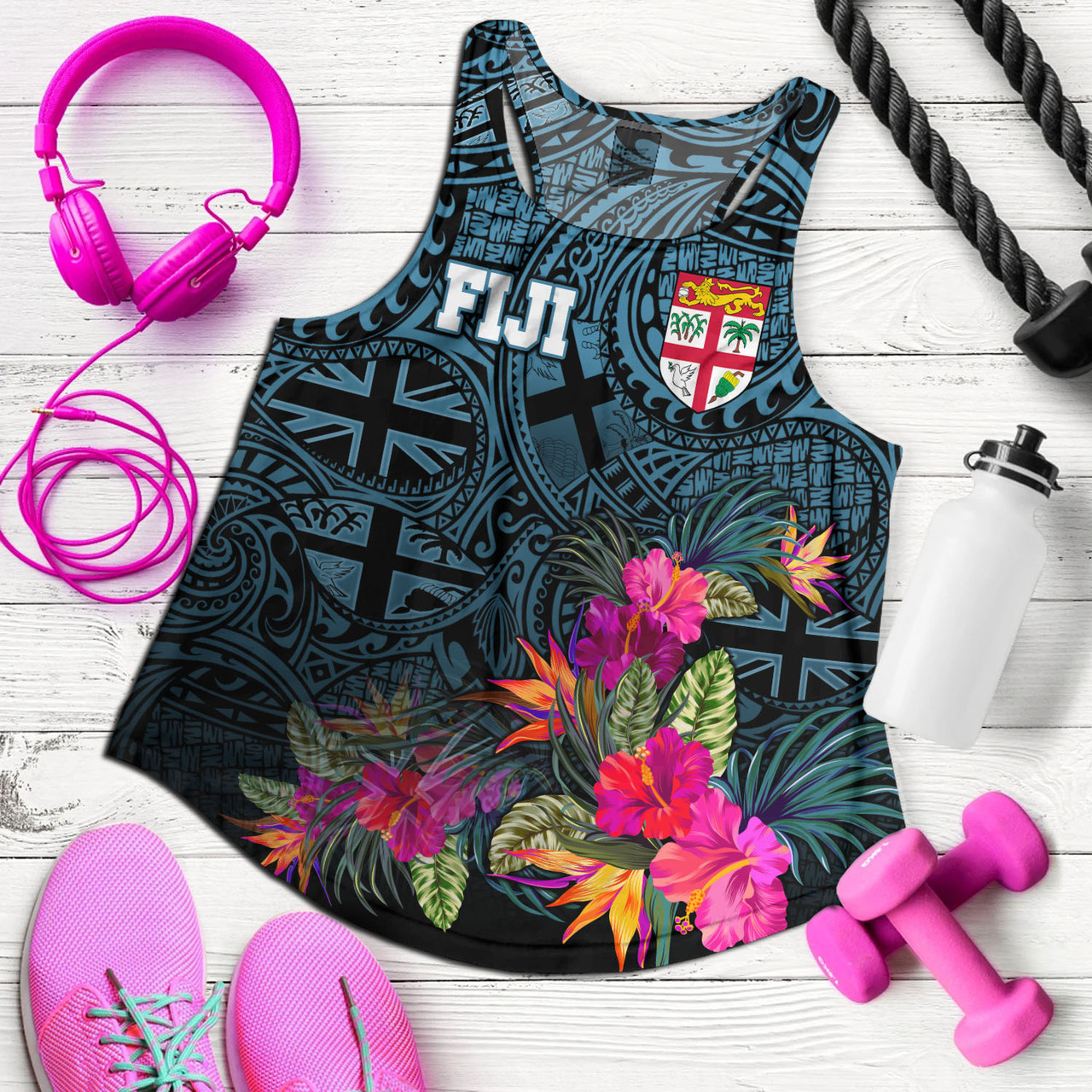 Fiji Women Tank - Fiji Seal With Tapa Patterns Tropical Flowers Design