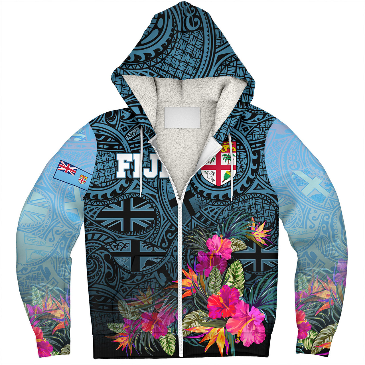 Fiji Sherpa Hoodie - Fiji Seal With Tapa Patterns Tropical Flowers Design