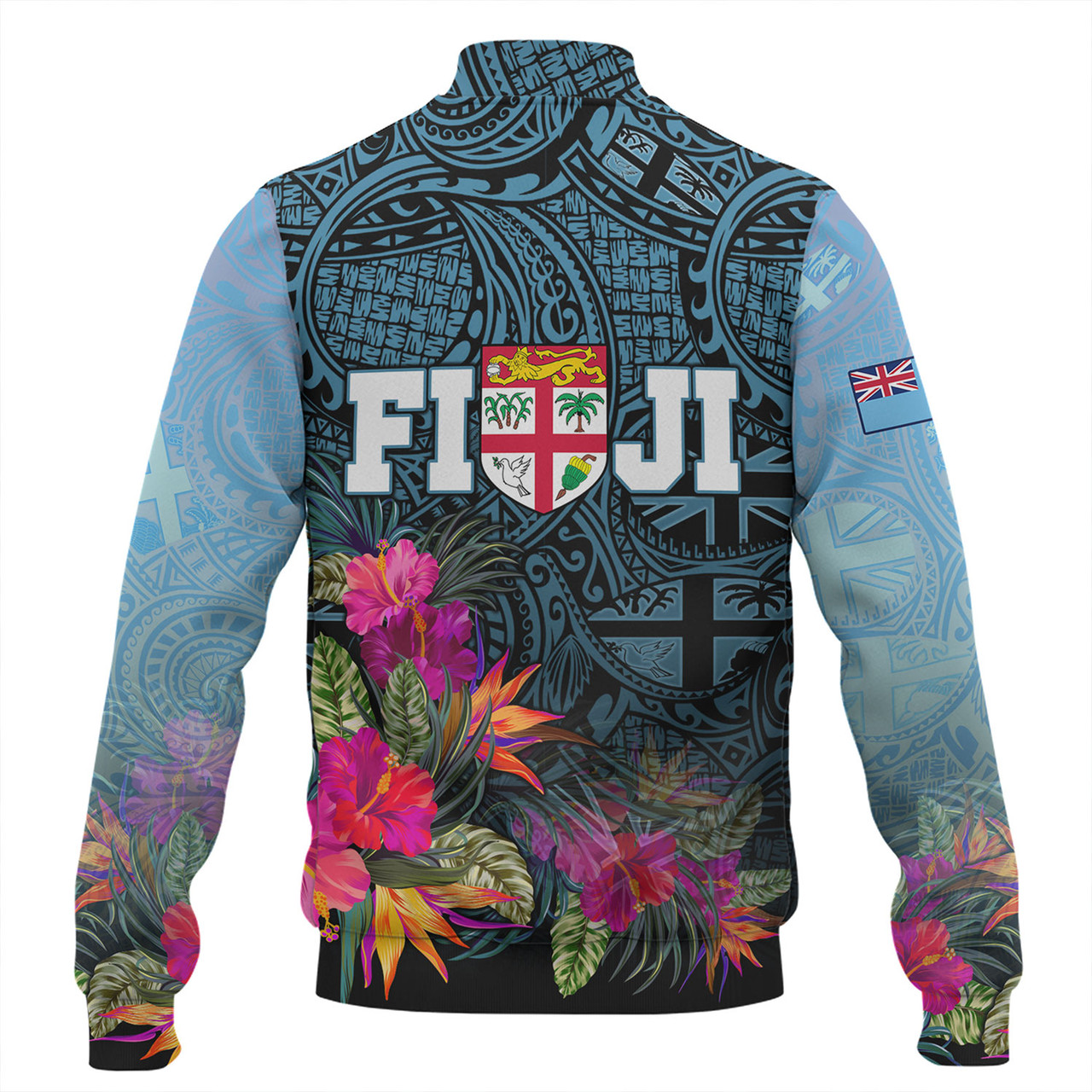 Fiji Baseball Jacket - Fiji Seal With Tapa Patterns Tropical Flowers Design