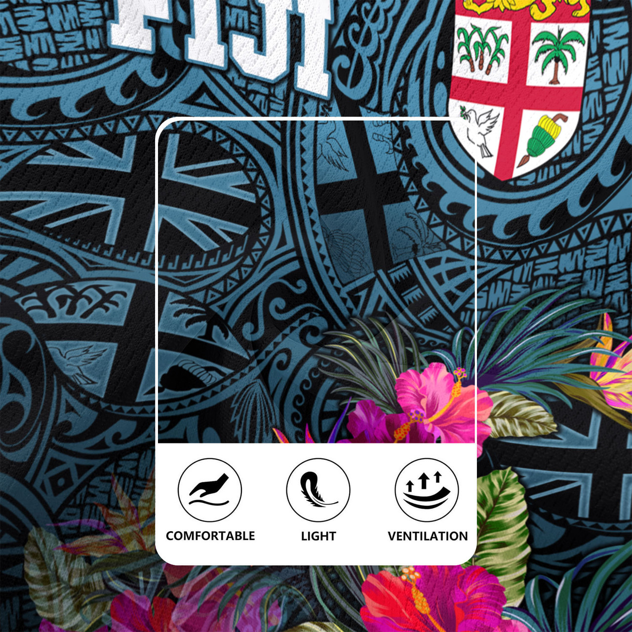 Fiji Rugby Jersey - Fiji Seal With Tapa Patterns Tropical Flowers Design