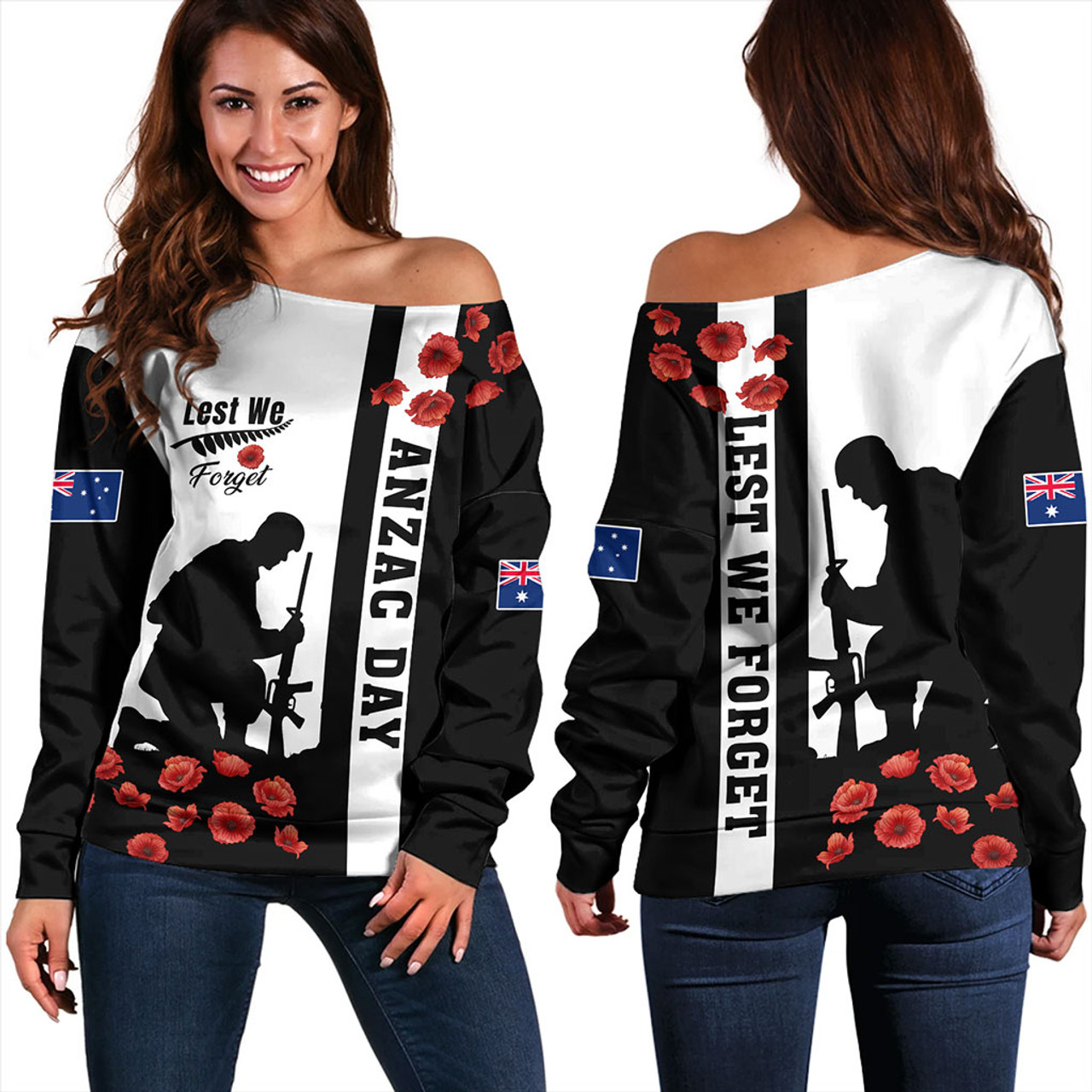 New Zealand Off Shoulder Sweatshirt Anzac Day Lest We Forget Simple Style