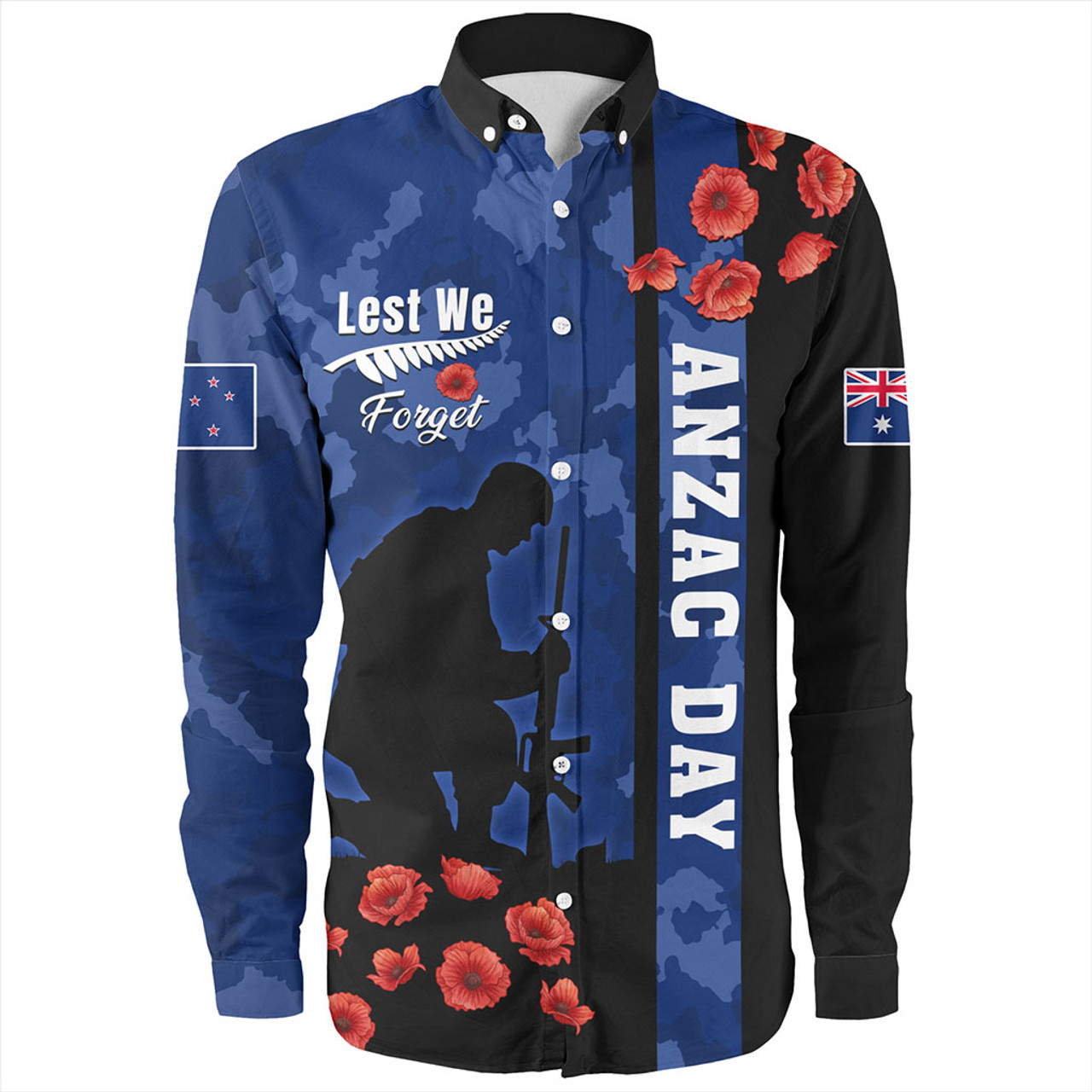 New Zealand Long Sleeve Shirt Anzac Day Lest We Forget Military Camouflage Simple Style