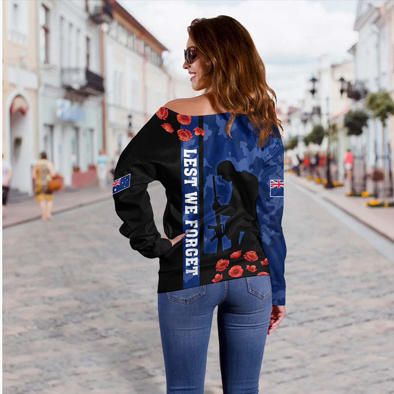New Zealand Off Shoulder Sweatshirt Anzac Day Lest We Forget Military Camouflage Simple Style